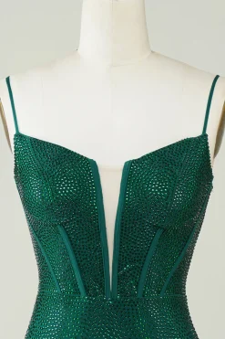 Sparkly Bodycon Esparguete Correias Verde Escuro Vestido Curto Homecoming com Missangas