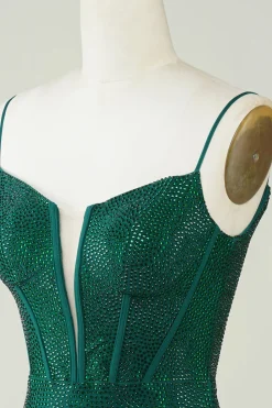 Sparkly Bodycon Esparguete Correias Verde Escuro Vestido Curto Homecoming com Missangas