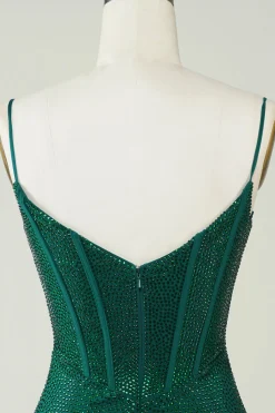 Sparkly Bodycon Esparguete Correias Verde Escuro Vestido Curto Homecoming com Missangas