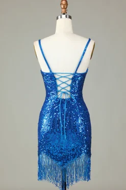 Sparkly Bodycon Esparguete Correias Azul Lace-Up Back Short Homecoming Dress com Missangas