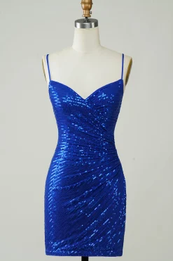 Sparkly Bodycon Esparguete Correias Royal Blue Sequins Short Homecoming Dress