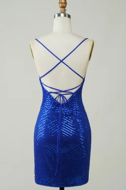 Sparkly Bodycon Esparguete Correias Royal Blue Sequins Short Homecoming Dress