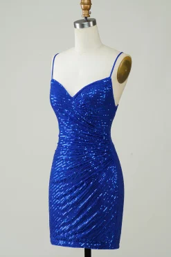 Sparkly Bodycon Esparguete Correias Royal Blue Sequins Short Homecoming Dress