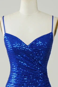 Sparkly Bodycon Esparguete Correias Royal Blue Sequins Short Homecoming Dress