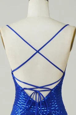 Sparkly Bodycon Esparguete Correias Royal Blue Sequins Short Homecoming Dress