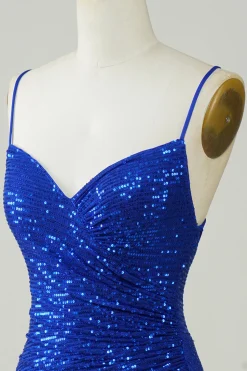 Sparkly Bodycon Esparguete Correias Royal Blue Sequins Short Homecoming Dress