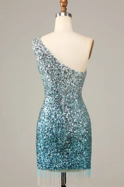 Sparkly Bodycon Esparguete Correias Blue Sequins Short Homecoming Dress com Tassel
