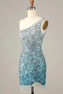 Sparkly Bodycon Esparguete Correias Blue Sequins Short Homecoming Dress com Tassel