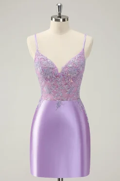 Sparkly Bodycon Lilac Esparguete Correias Homecoming Dress com Sequins