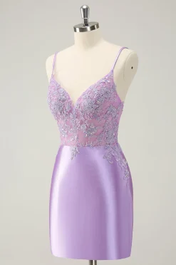 Sparkly Bodycon Lilac Esparguete Correias Homecoming Dress com Sequins