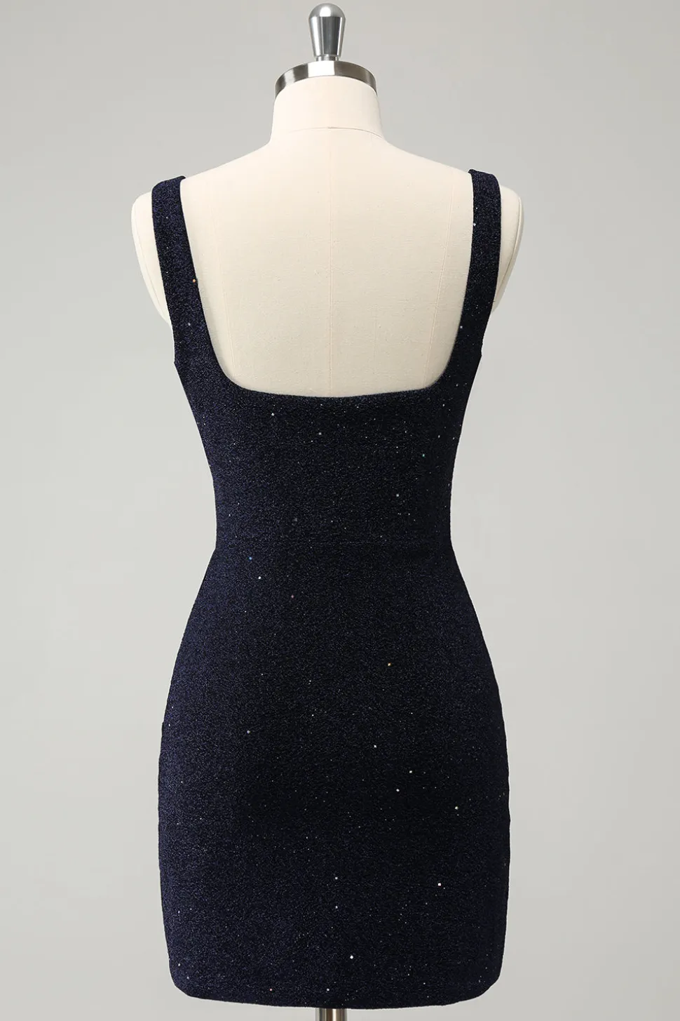 Sparkly Bodycon Pescoço Quadrado Mini Vestido Homecoming Azul Escuro Com Fenda