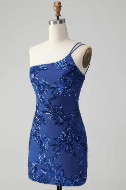 Sparkly Bodycon Royal Blue One Shoulder Sequins Homecoming Vestido com Bordado