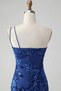 Sparkly Bodycon Royal Blue One Shoulder Sequins Homecoming Vestido com Bordado