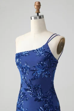 Sparkly Bodycon Royal Blue One Shoulder Sequins Homecoming Vestido com Bordado