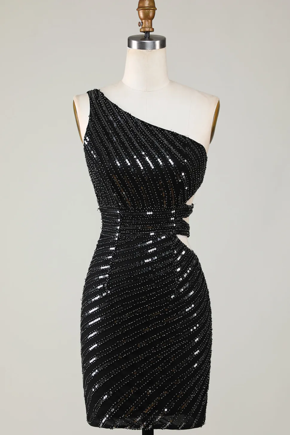 Sparkly Bodycon Um Ombro Preto Sequins Short Homecoming Dress com Cut out