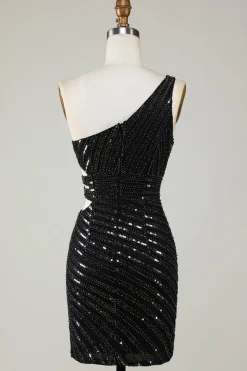 Sparkly Bodycon Um Ombro Preto Sequins Short Homecoming Dress com Cut out