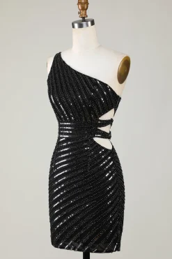 Sparkly Bodycon Um Ombro Preto Sequins Short Homecoming Dress com Cut out