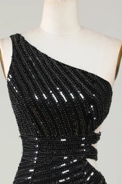 Sparkly Bodycon Um Ombro Preto Sequins Short Homecoming Dress com Cut out
