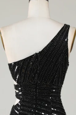 Sparkly Bodycon Um Ombro Preto Sequins Short Homecoming Dress com Cut out