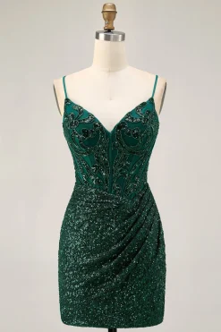 Sparkly Bodycon Verde Escuro Sequins Corset Homecoming Dress