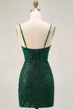 Sparkly Bodycon Verde Escuro Sequins Corset Homecoming Dress