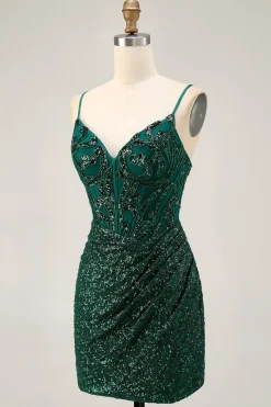 Sparkly Bodycon Verde Escuro Sequins Corset Homecoming Dress