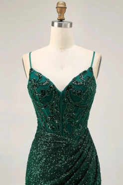 Sparkly Bodycon Verde Escuro Sequins Corset Homecoming Dress