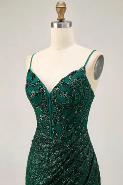 Sparkly Bodycon Verde Escuro Sequins Corset Homecoming Dress