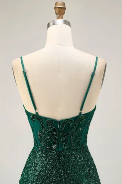 Sparkly Bodycon Verde Escuro Sequins Corset Homecoming Dress