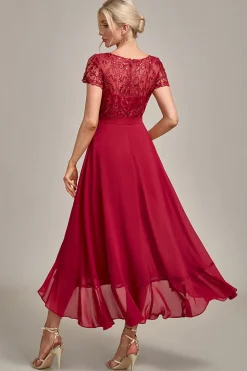 Sparkly Borgonha Assimétrica Lantejoulas Mãe de Vestido de Noiva com Apliques