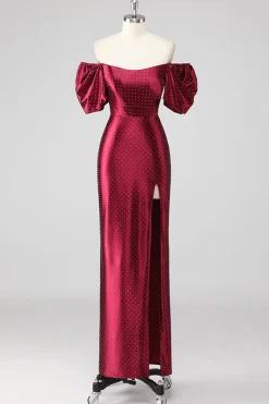 Sparkly Borgonha fora do ombro vestido formal com fenda