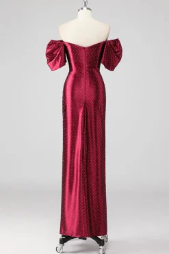Sparkly Borgonha fora do ombro vestido formal com fenda