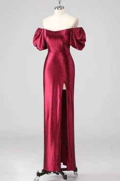 Sparkly Borgonha fora do ombro vestido formal com fenda