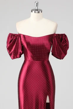Sparkly Borgonha fora do ombro vestido formal com fenda