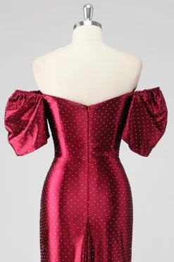 Sparkly Borgonha fora do ombro vestido formal com fenda