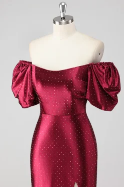 Sparkly Borgonha fora do ombro vestido formal com fenda