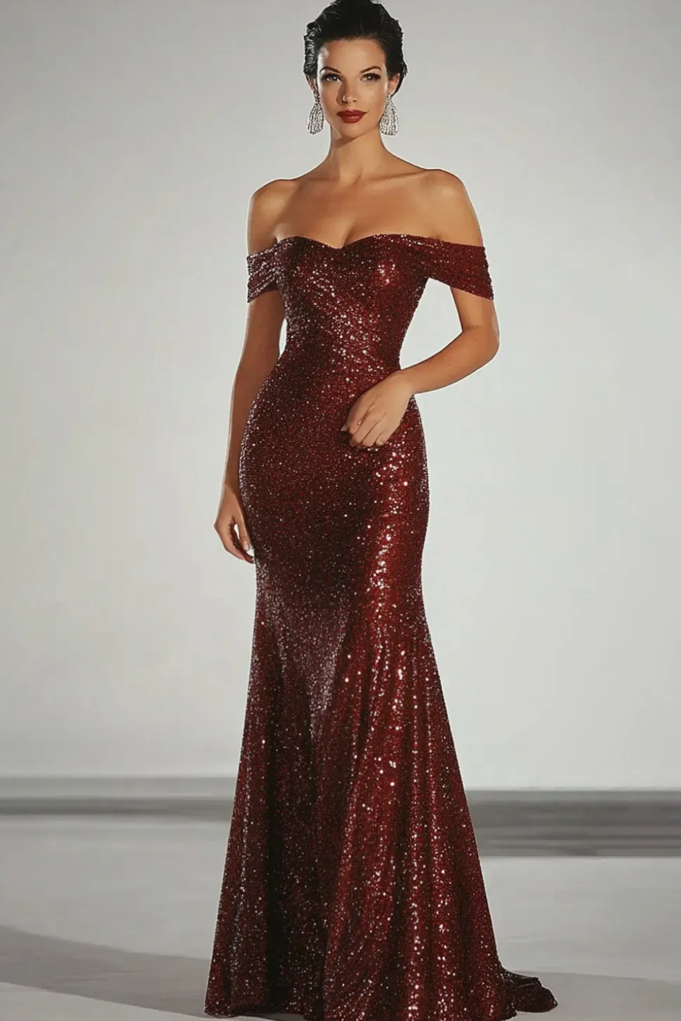 Sparkly Borgonha fora do ombro bainha vestido de gala com zíper de volta