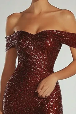 Sparkly Borgonha fora do ombro bainha vestido de gala com zíper de volta