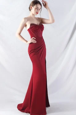 Sparkly Borgonha frisado Corset Long Prom Dress com fenda