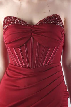 Sparkly Borgonha frisado Corset Long Prom Dress com fenda