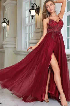 Sparkly Borgonha frisado longo vestido de baile de tule com fenda