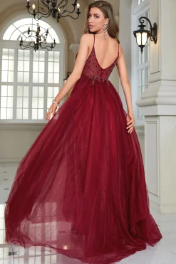 Sparkly Borgonha frisado longo vestido de baile de tule com fenda