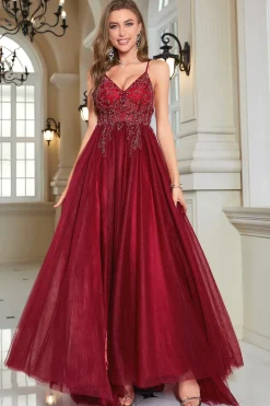 Sparkly Borgonha frisado longo vestido de baile de tule com fenda