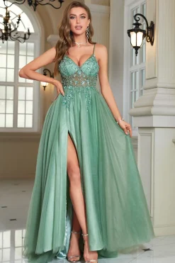 Sparkly Borgonha frisado longo vestido de baile de tule com fenda