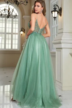 Sparkly Borgonha frisado longo vestido de baile de tule com fenda