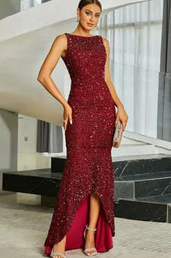 Sparkly Borgonha Sereia Sequins longo vestido formal com fenda