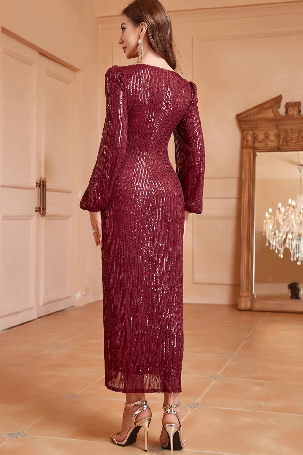 Sparkly Borgonha V-Neck Prom Dress com mangas compridas