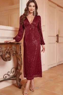Sparkly Borgonha V-Neck Prom Dress com mangas compridas