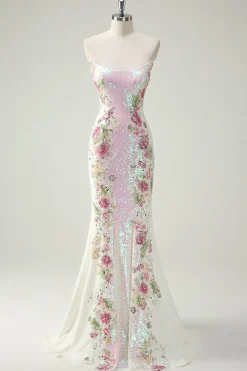 Sparkly branco floral sem alças sereia longo vestido de baile