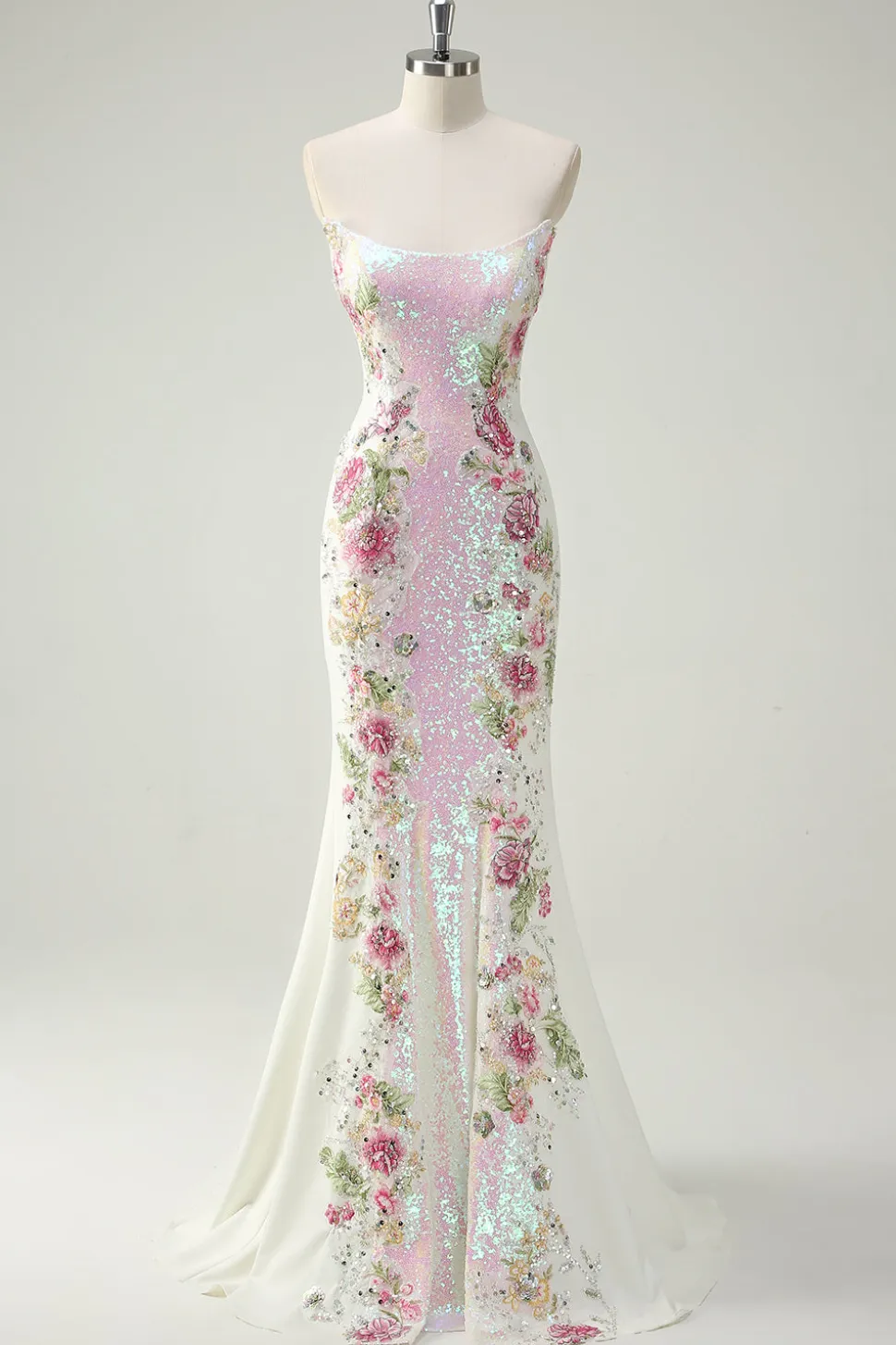 Sparkly branco floral sem alças sereia longo vestido de baile